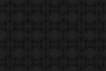 3D volumetric convex embossed geometric black background. Handmade pattern. Ethnic oriental, asian, indonesian abstract ornament, arabesque for design and decoration.