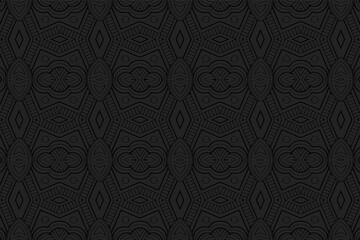 Obraz na płótnie Canvas 3D volumetric convex embossed geometric black background. Handmade pattern. Ethnic oriental, asian, indonesian art ornament, arabesque for design and decoration.