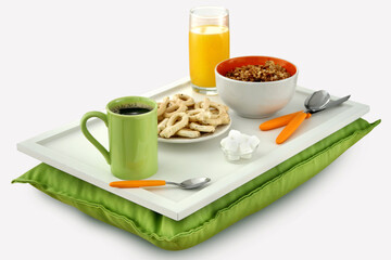 bandeja de café da manhã com cereais, xícara de café, biscoito e suco de laranja em fundo branco