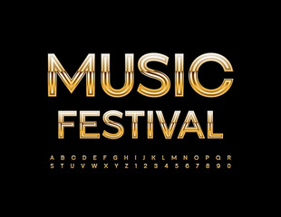 Vector event poster Music Festival. Elegant Gold Font. Modern metallic Alphabet Letters and Numbers set