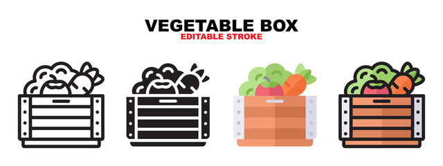Outline, glyph black, flat color and filled line color, icon symbol set, vegetable box concept, Isolated vector design, editable stroke