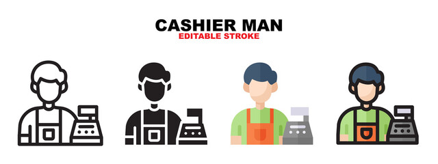 Outline, glyph black, flat color and filled line color, icon symbol set, cashier man concept, Isolated vector design, editable stroke