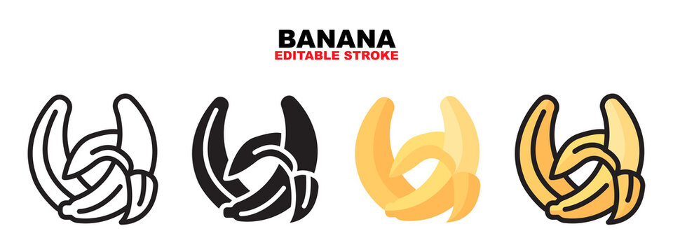 Outline, glyph black, flat color and filled line color, icon syambol set, banana concept, Isolated vector design, editable stroke