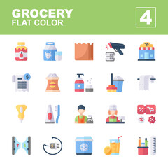 Icons Set of Grocery, Flat color style, Contains such of jam, milk, paper bag, flour, toothbrush, stationery, cleaning tool, gateway, scanner and more, you can use for web, app and more