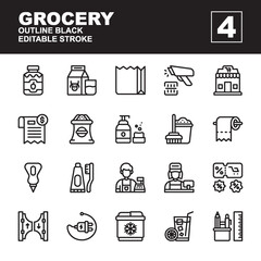 Icons Set of Grocery, Outline black style, Contains such of jam, milk, paper bag, flour, toothbrush, stationery, cleaning tool, scanner and more, you can use for web, app and more, editable stroke