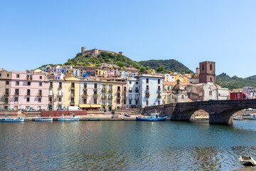 picturesque village of Bosa with its multicolored houses along the mouth of the river Temo. Bosa,...