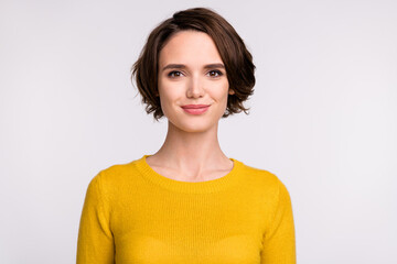 Photo of charming lovely positive nice girl look camera wear yellow shirt isolated grey color background
