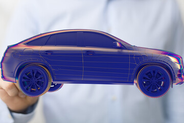 Hologram auto, futuristic polygonal model auto.