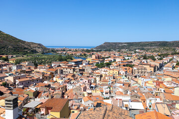 Fototapeta na wymiar picturesque village of Bosa with its multicolored houses along the mouth of the river Temo. Bosa, Oristano, Sardinia, Italy, Europe