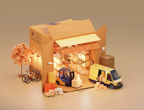Warehouse in cardboard box with interior. Warehouse racks or racking, forklift with boxes, van loaded with goods, cctv cameras, pallets with crates, barrels and sacks. 3d illustration