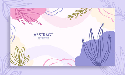 Fototapeta na wymiar Trendy abstract background in pastel colors with hand drawn tropical leaves. Template design for invitation cards, wedding backdrops, flyer, poster, web banners, social media and internet ads