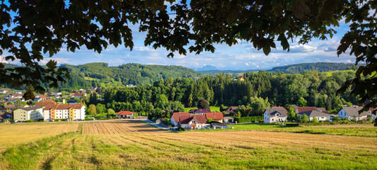 Panoramic view of some farm houses near Offenhausen, not far from the city of Wels in the state of...