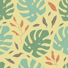 Monstera seamless pattern. Multicolored leaves of monstera on a white background. Vector trendy pattern.