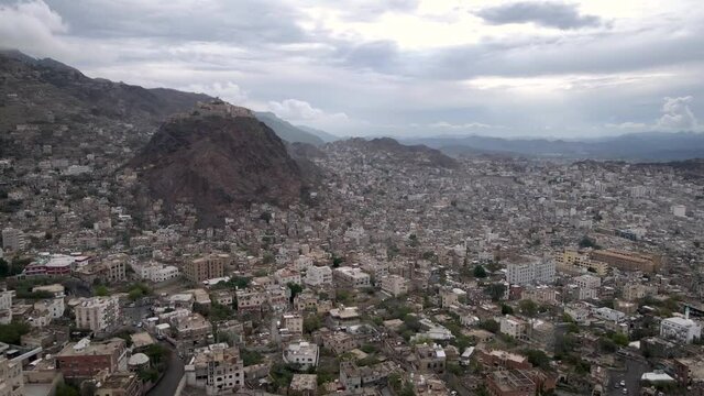 A drone shows the Yemeni city of Taiz and the war-damaged Cairo Citadel