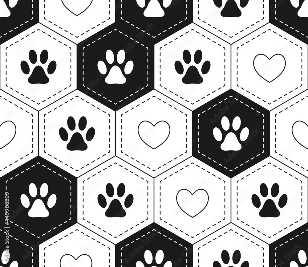Aufkleber seamless pattern background with hearts and footprints of home pet in hexagonal grid. black and whit