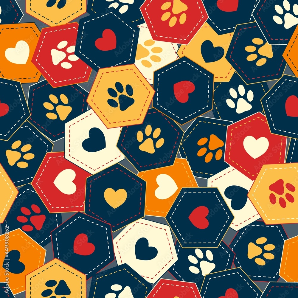 Poster seamless pattern background with hearts and footprints of home pet in chaotic overlapping hexagons. 