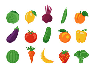 Fruits and vegetables. Cartoon organic farm food, fresh isolated vegan dish ingredients. Vector healthy food set