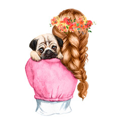 Watercolor illustration of red-haired girl with wreath and pug dog, dog friend, owner and puppy, watercolor print with dog 