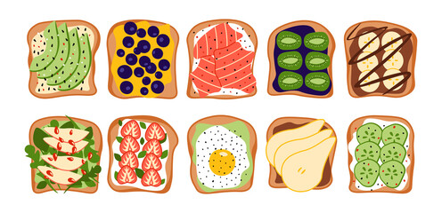 Morning sandwiches. Healthy food with toasted bread, fresh vegetables and sauces, eggs tomatoes salmon and avocado ingredients. Vector set