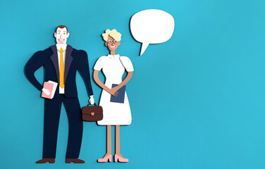 Talking business people and speech bubbles for your text. Background with business people made of paper. Paper cut design 3D rendering illustration 