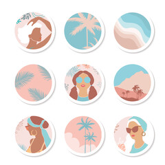 Vector set of icons and emblems for social media story highlight covers.Abstract portrait of a girl and natural landscape.