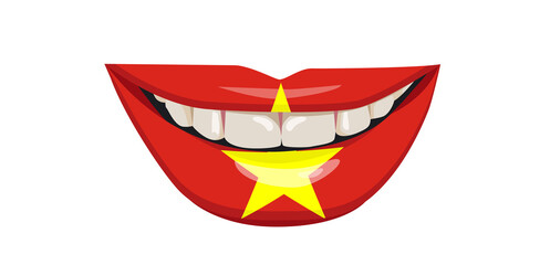 The flag of Vietnam on the lips. A woman's smile with white teeth. Vector illustration.