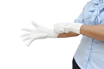 woman hand wearing cotton fabric gloves isolated on white background with clipping path.