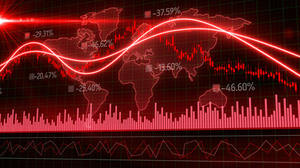 3D Motion of red candlestick graph chart of stock market trading with world map background, Bullish Bearish stock point. Economy trends charts for business. Financial investment concept