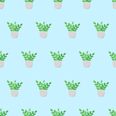 This is a seamless pattern texture of the house plants on a blue background. Vector wrapping paper.