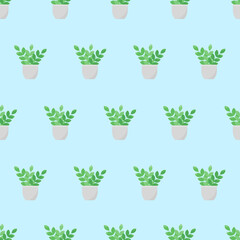 This is a seamless pattern texture of the house plants on a blue background. Vector wrapping paper.