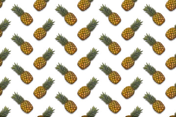 Seamless repetitive pattern with ripe pineapples on white background. Food background with tropical exotic fruit.