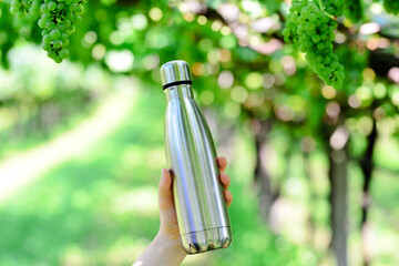 Hand holding reusable, steel thermo shiny bottle for water, on vineyard background. Copy space concept. Zero waste, no plastic, sustainability.
