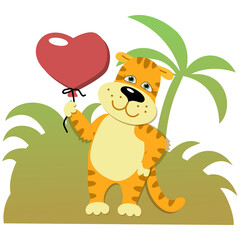 Cute tiger cub character is smiling, holding a red heart-shaped balloon