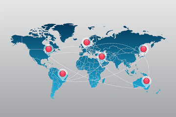 Fototapeta na wymiar Vector world map infographic symbol with map pointers. International global connection illustration sign. Elements for business, web design, presentation, data report, media, news, blog, travel