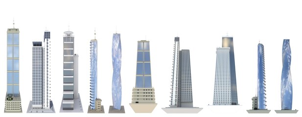Set of very detailed commercial skyscrapers with fictional design and blue cloudy sky reflection - isolated, various angles views 3d illustration of architecture