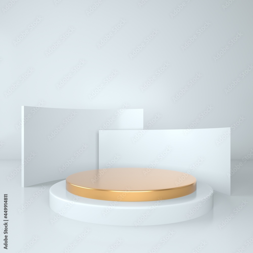 Poster 3d rendering studio with geometric shapes, podium on the floor. platforms for product presentation, 