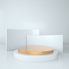 3d rendering studio with geometric shapes, podium on the floor. Platforms for product presentation, mock up background.