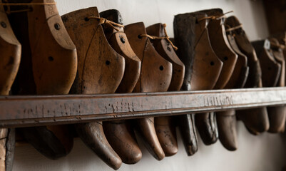 antique wooden shoes used by cobbler