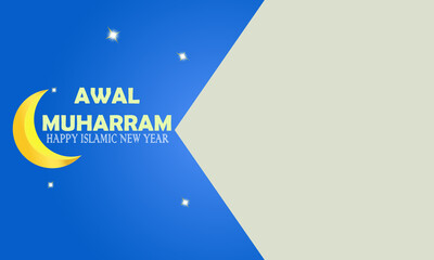 illustration of islamic pattern, written with Awal Muharram mean Happy islamic new year, inscription with moon, star and copy or negetive space for picture. Poster, banner, web page, promotion.