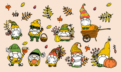 Vector set of autumn gnomes. a collection of hand-drawn dwarfs in doodle style with autumn elements wheelbarrow, pumpkin, berries, harvest, acorn, leaf, mushrooms, basket, snail in yellow-orange color