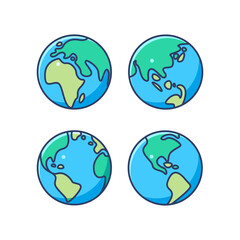 Planet Earth in different view elements collection. Globe ball flat isolated set. Round maps in cartoon design.