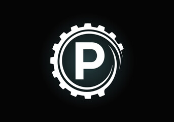 Initial P monogram alphabet in a gear spiral. Gear engineer logo design. Logo for automotive, mechanical, technology, setting, repair business, and company identity