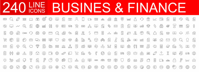 Big set of 240 Business icons. Business and Finance web icons. Vector business and finance editable stroke line icon set with money, bank, check, payment, wallet, deposit, piggy. Vector illustration. - obrazy, fototapety, plakaty