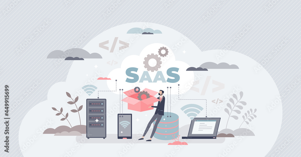 Wall mural SAAS like software as service or on-demand for business tiny person concept. Online digital app usage with website based technology for remote usage vector illustration. Monthly or annual Subscription