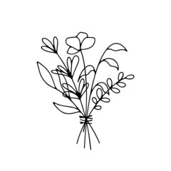 Line art bunch of flowers. Vector botanical arrangement. Floral composition with hand drawn branches and flowers. Wildflowers for birthday card, romantic holiday and Valentines day. Elegant art