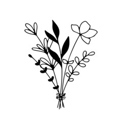 Fototapeta na wymiar Line art bunch of flowers. Vector botanical arrangement. Floral composition with hand drawn branches and flowers. Wildflowers for birthday card, romantic holiday and Valentines day. Elegant art