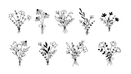 Hand drawn collection with line art bunch of flowers isolated on white background. Bouquet of flowers for Valentines day, romantic holiday and decoration design. Floral vector arrangements