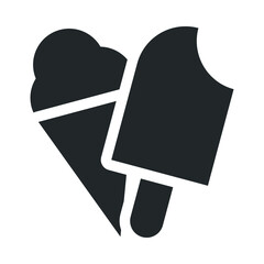 Ice cream icon vector illustration isolated on white background. Silhouette of two kinds of ice cream, a cone and a stick ice cream.