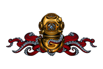 Vintage diving helmet with tentacles. Colorful hand drawn vector illustration in engraving technique of "Mark V" diving helmet and tentacles of an octopus isolated on white and white background.   © Sergj