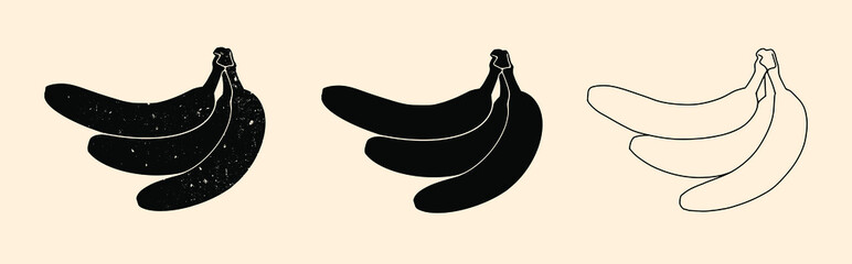 Banana drawn by line. Set. Vector.
